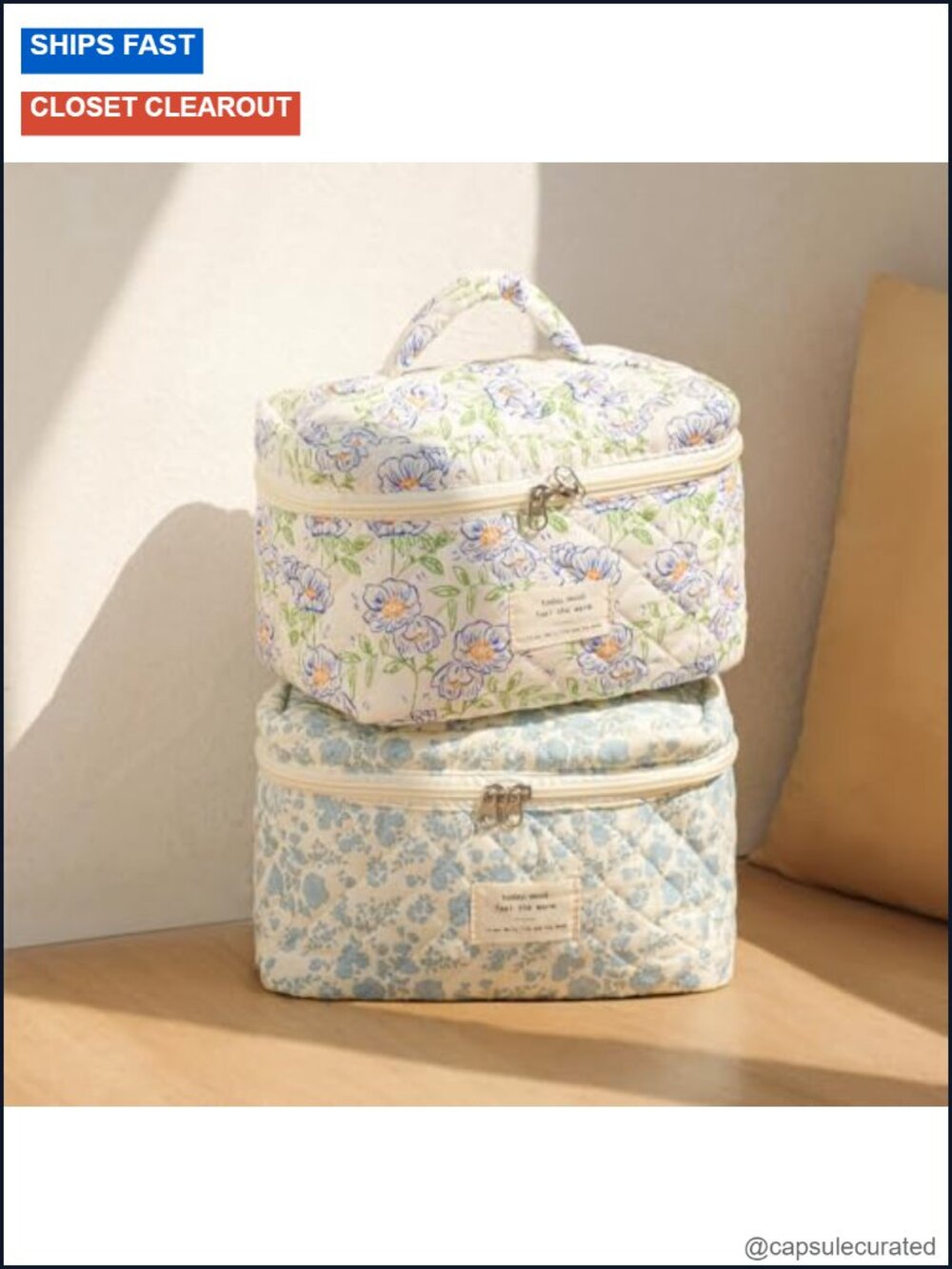 Large Quilted Travel Cosmetic Bag with Floral Cotton Design, Zippered Toiletry - Picture 5 of 6